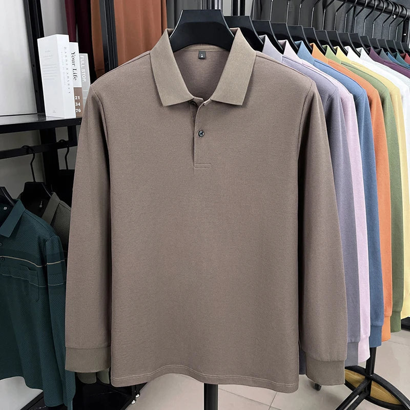 100%pure cotton autumn winter men's high-end designer fashionable long sleeved boutique button casual comfortable polo shirt top