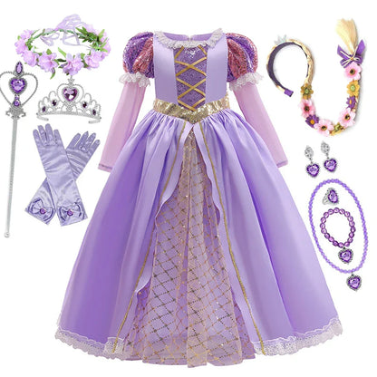 Girls Rapunzel Dress Kids Tangled Disguise Carnival Girl Princess Costume Birthday Party Gown Outfit Clothes 2-10 Years