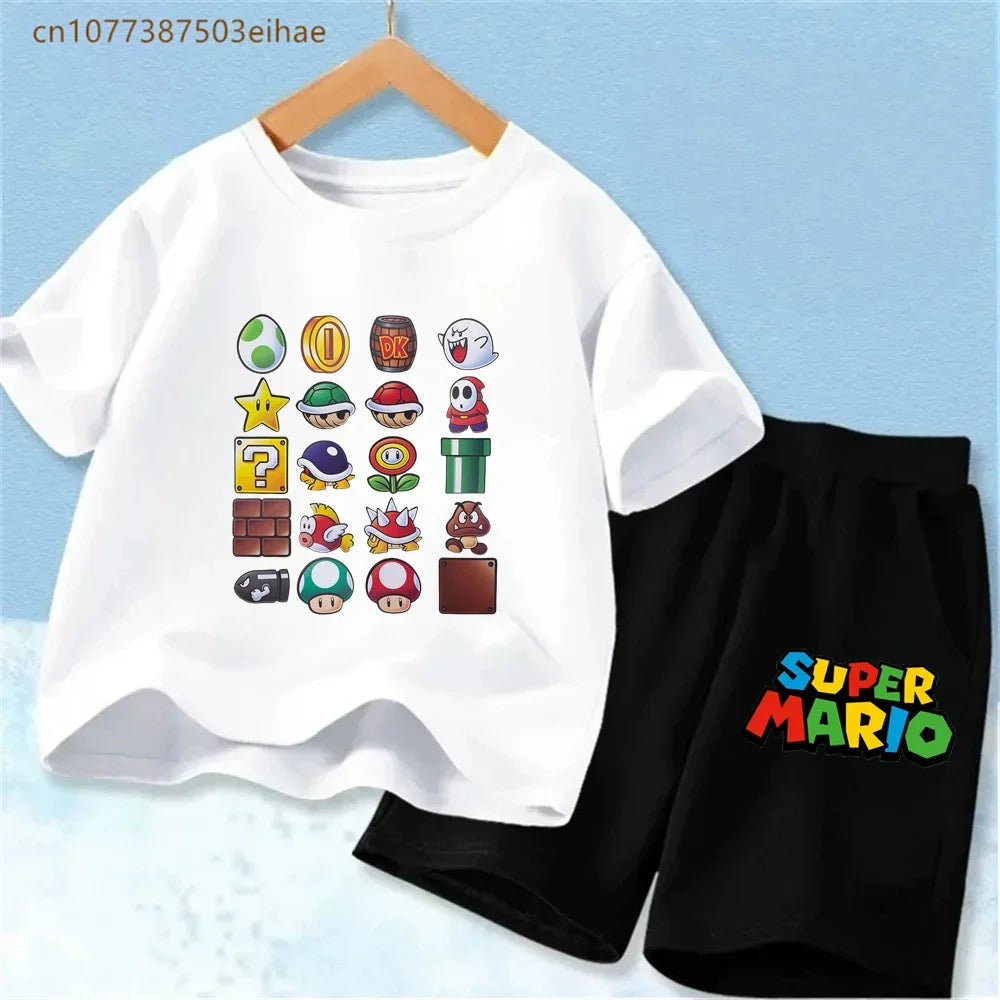 Summer Casual Kids Clothing Set Mario Cartoon Print Pure Cotton Short Sleeve Tee And Shorts 2PCS Wear For Boys Girls