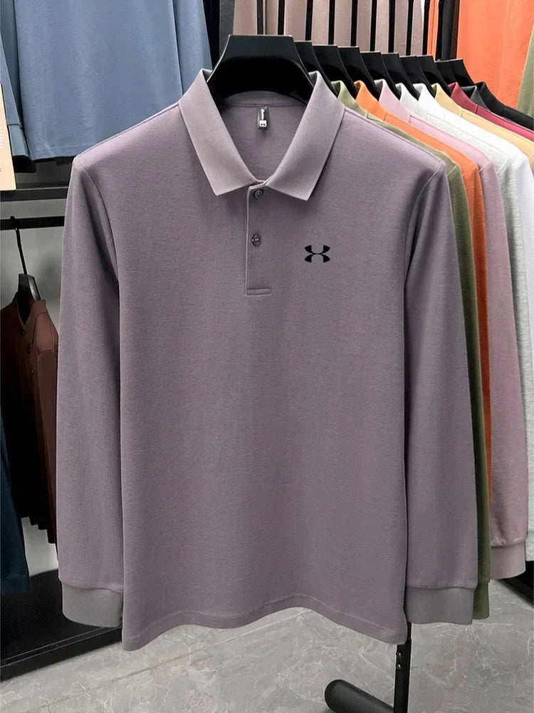 Men's brand polo shirt letter printed long sleeved top spring new 100% cotton casual sports breathable lapel fashionable T-shirt