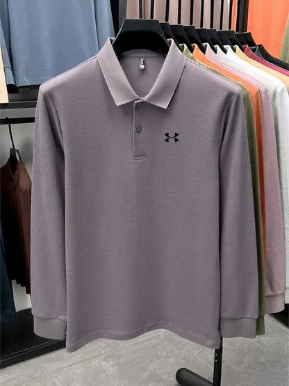 Men's brand polo shirt letter printed long sleeved top spring new 100% cotton casual sports breathable lapel fashionable T-shirt