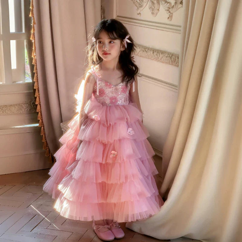 Girls' Summer Sleeveless Fluffy Dress Kid's Sweet Tulle Long Skirt Beautiful Princess Outfit for Birthday Party & Halloween