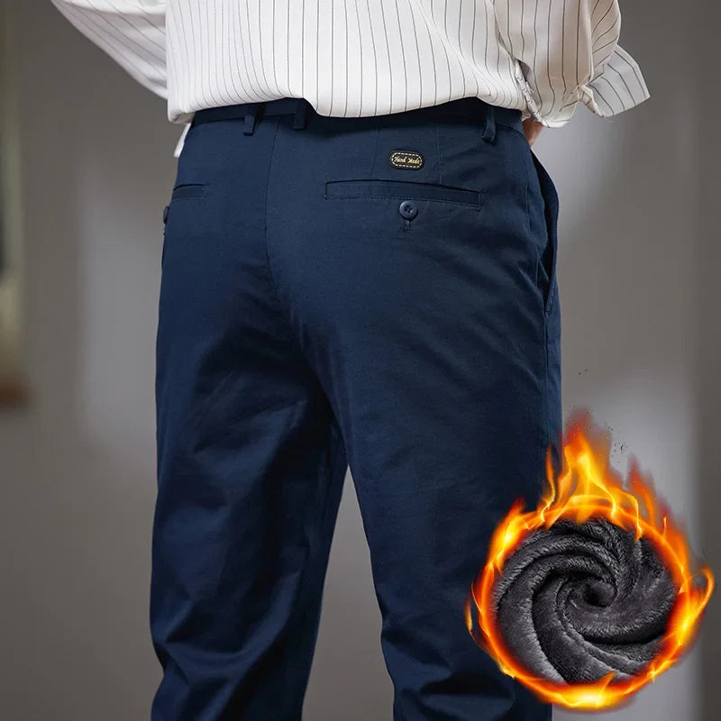 Fleece Winter Casual Pants Men Straight Stretch Soft Warm Velvet Trousers Comfortable Fashion Slim Plush Business Male Pants