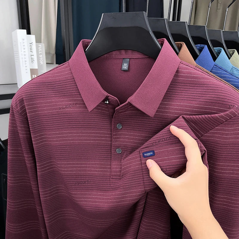 2025 long sleeved men's spring and autumn collar striped pullover top with loose pockets polo shirt