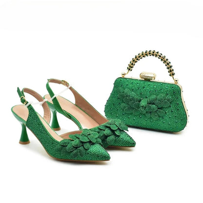 New Arrival Nigerian Women Heel Party Shoes and Bag Set Rhinestone Handbag Italian Design Luxury Wedding Shoes for Bride