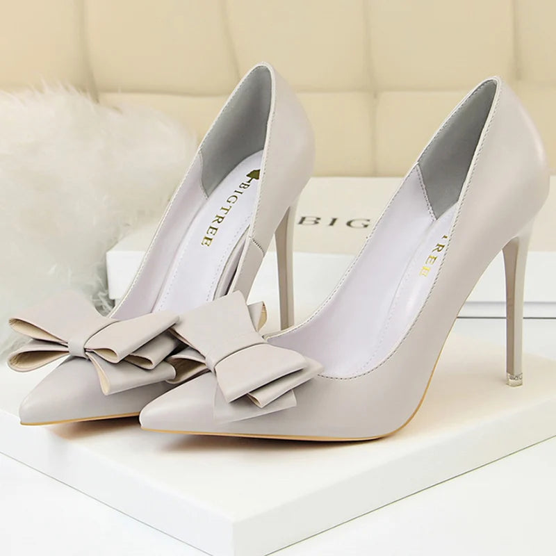 Female New Elegant 10.5cm High Heels Pumps Lady Sky Blue Butterfly Knot Design Princess Shoes Women Glam Pointed Toe Shoes