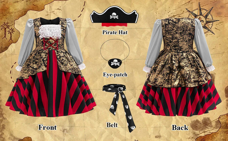 Carnival Ocean Theme Girls Pirate Costume Buccaneer Princess Dress Up For Kids With Accessories Halloween Cosplay Party Outfit