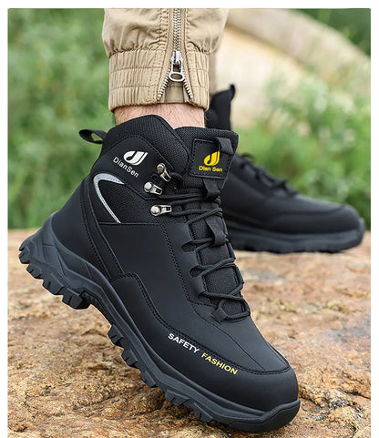 Men Work Boots Puncture-Proof Waterproof Work Shoes Steel Toe Safety Boots Industrial Indestructible Boots Side Leather Shoes