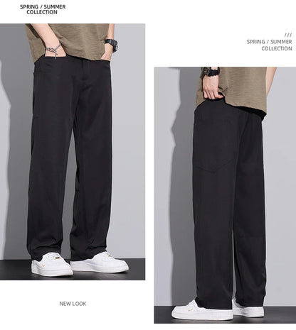2026 Summer Thin Men's Loose Pants with Large Pockets Work Style Casual Straight Solid Color Male Simple Baggy Pants