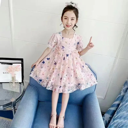 Vintage lace short sleeved dress For 2-9 yrs Baby Girls Loose Dress 6.1 Children's Day Clothing Cute beach Loose Clothes 2026