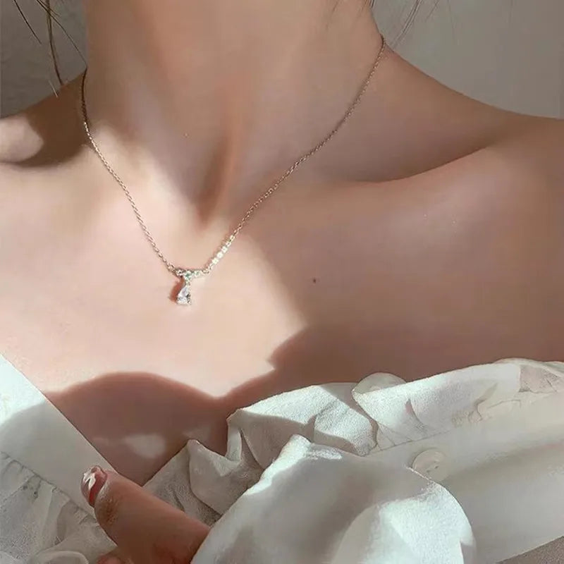 Heart Shape Pendant Necklaces Silver Color 5A Cubic Zirconia Minimalist Style Clavicle Chain Women And Girl Jewelry