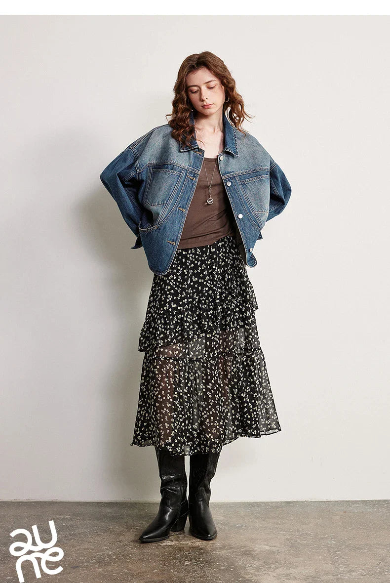 Women Chiffon Skirt 2026 Spring New Country Style Light and Flowing Floral Print Layered Ruffled Skirt