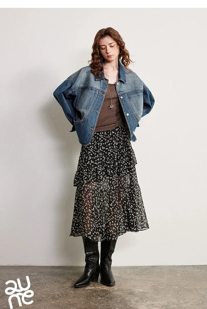 Women Chiffon Skirt 2026 Spring New Country Style Light and Flowing Floral Print Layered Ruffled Skirt