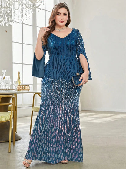 Vestido de Festa Elegante Plus Size com Lantejoulas Preto 2025 Feminino Formal Maxi Baile Mangas Compridas Festa Luxuoso Coquetel