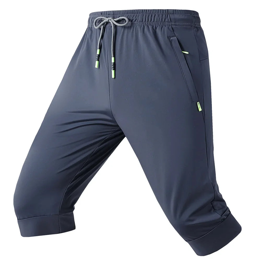 2024 Black Summer New Running Loose Ice silk Zipper Pocket Seven Quarter Pants Men Thin Casual Beach Over Knee Straight Shorts