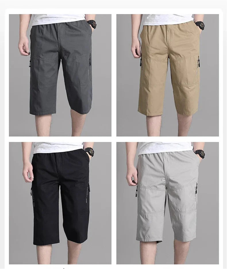 Mens Cargo Shorts Knee Pants Zipper Pocket Summer Cotton Shorts Climbing Jogger Elastic Waist Sports Wear