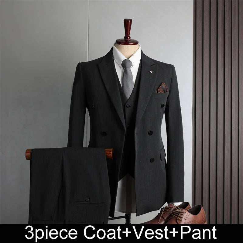 Man Suit Outfit Double-breasted Blazer Men V-neck Vest Straight-leg Pant Male Slim Business Wedding Three-piece Set