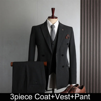 Man Suit Outfit Double-breasted Blazer Men V-neck Vest Straight-leg Pant Male Slim Business Wedding Three-piece Set