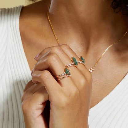 New 6*9mm Moss Agate Ring Set for Women 10k Plated Green Moss Stone Band Wedding Party 100% Real 925 Silver Fine Jewelry