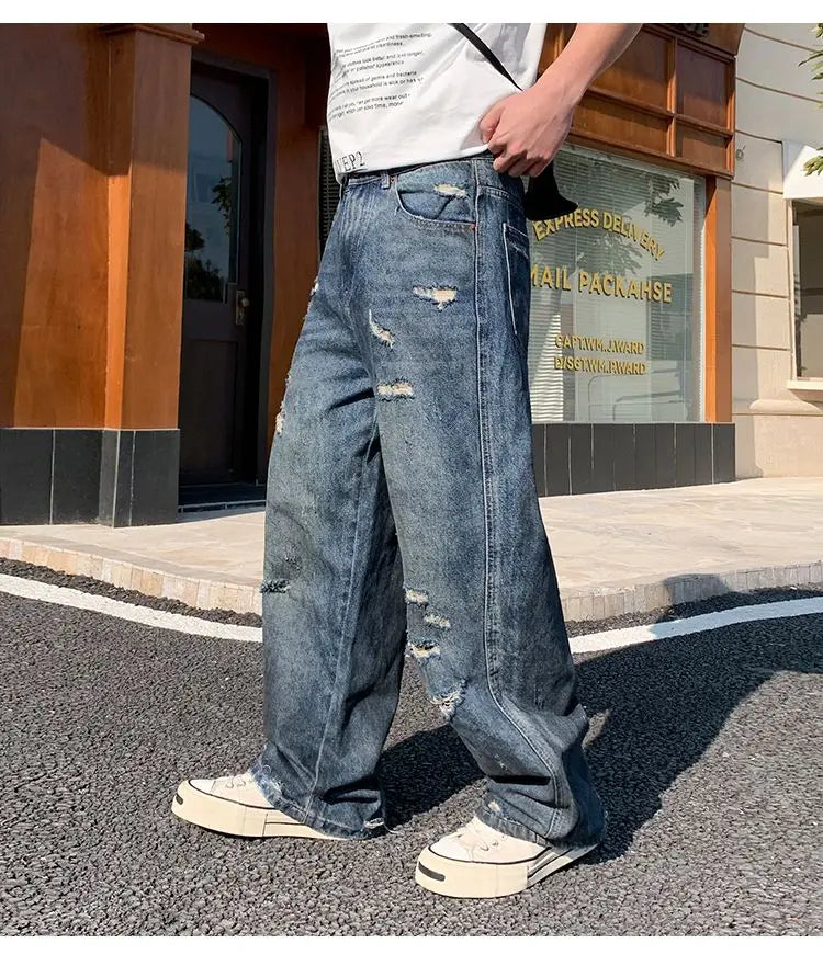 American-style distressed wide-leg jeans, loose-fitting washed and distressed straight-leg jeans, trendy brand.