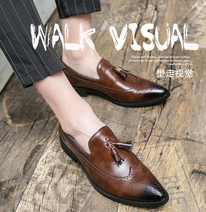 Pointed Toe Brogues Shoes Men Classic Casual Business Leather Shoes For Men Formal Social Party Leather Tassel Loafers Male