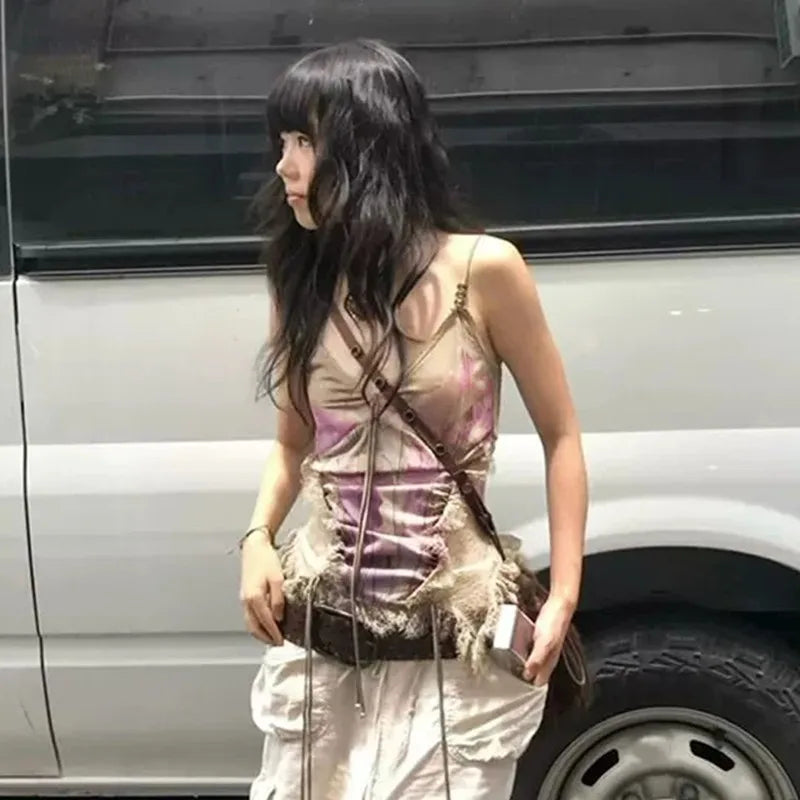 Gothic Tank Tops Women Sleeveless Tie Dye Y2k Vintage Crop Tops Streetwear 2000s Japanese Lace Up Camis E-girls Summer