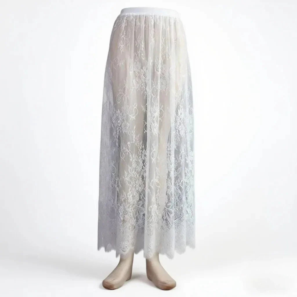 Women's High Waist Polka Dot Mesh Skirt Transparent Loose Pleated Long Summer Sexy Club Beach Cover-Up Skirt