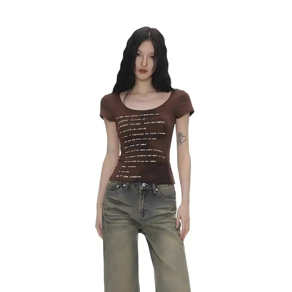 Summer Women Retro Sweet Spicy Skinny Tops Lady Bean Green Casual T-Shirts Girls Letter Portrait Print Short Sleeve Clothes