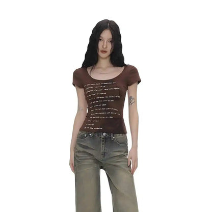 Summer Women Retro Sweet Spicy Skinny Tops Lady Bean Green Casual T-Shirts Girls Letter Portrait Print Short Sleeve Clothes