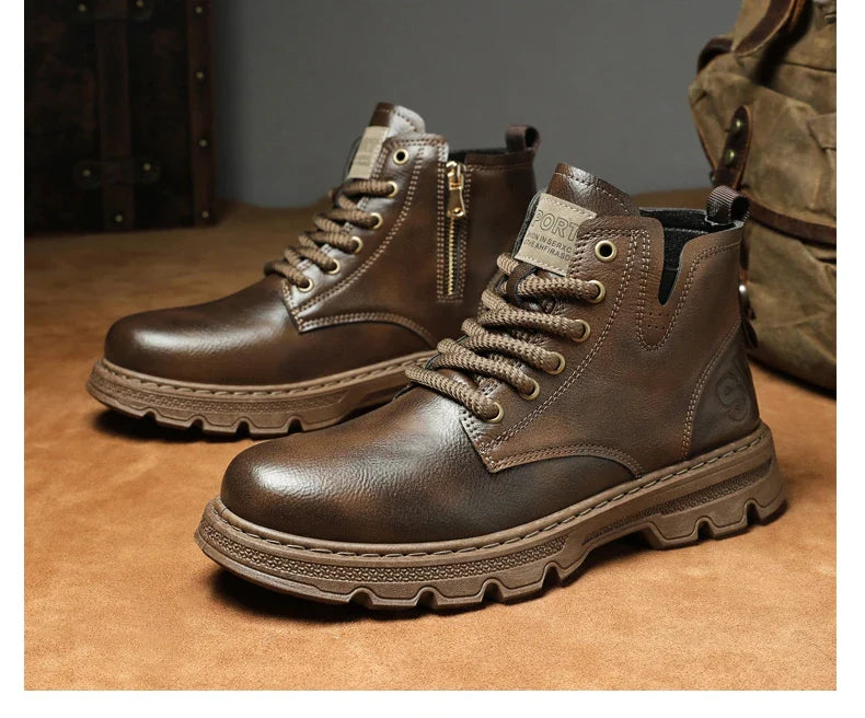 New MEN'S BOOTS with Retro Style Leather Boots, Thick Soles, Wear-resistant MEN'S High Top Casual Shoes, Side Zippers