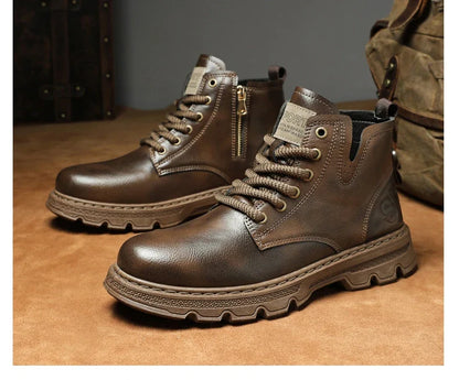 New MEN'S BOOTS with Retro Style Leather Boots, Thick Soles, Wear-resistant MEN'S High Top Casual Shoes, Side Zippers