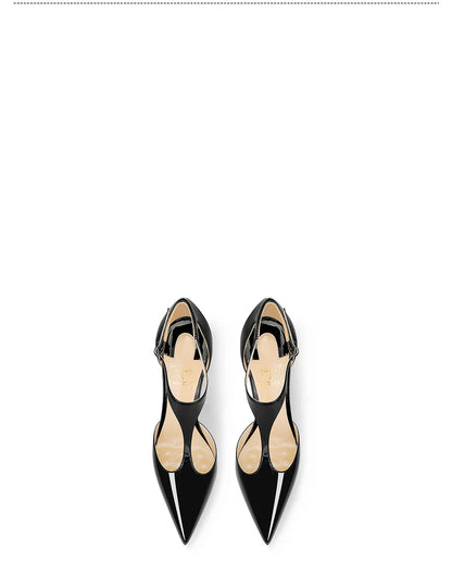 Black patent leather T-belt bag with nightclub sexy 12cm ultra-fine heel pointed party European and American high-heeled sandals