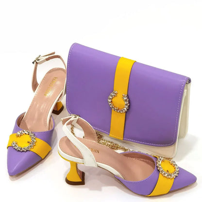 Italian Design Leather Colorblock Pointed Toe High Heel Women's Sandals Fashion Everyday Matching Shoes and Bag Sets