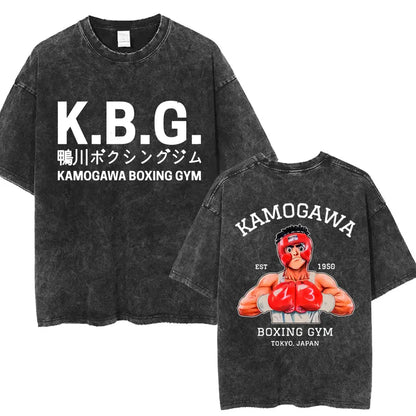 Anime Hajime No Ippo Washed Vintage T-shirt Kamogawa Boxing Gym Harajuku T-shirts Makunouchi Takamura KGB Loose Cotton T Shirt