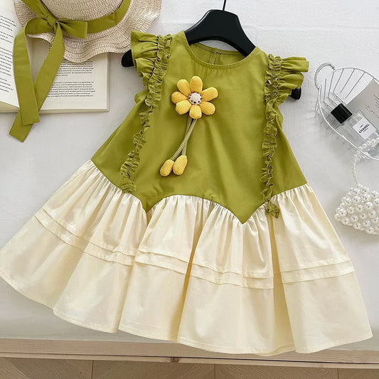 Vestidos Casuais para Meninas, Vestido de Verão com Retalhos de Flores 3D Boho para Crianças, Vestidos para Meninas de 2 a 7 Anos, Vestidos de Daminha