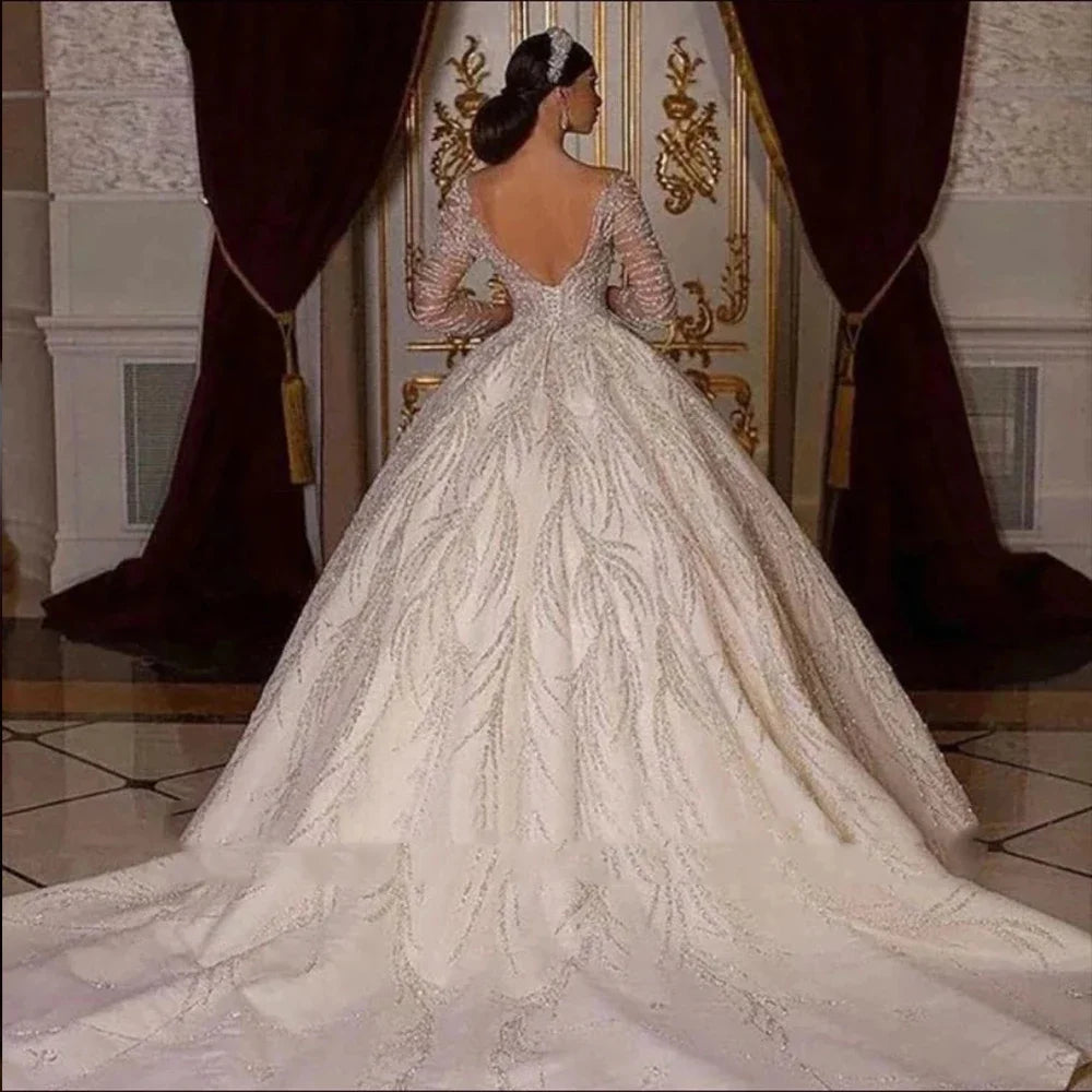 Customized Long Sleeve Shiny Ball Gown Wedding Dresses Backless Robe Mariage Sequined Vintage Princess Vestido de novia boda