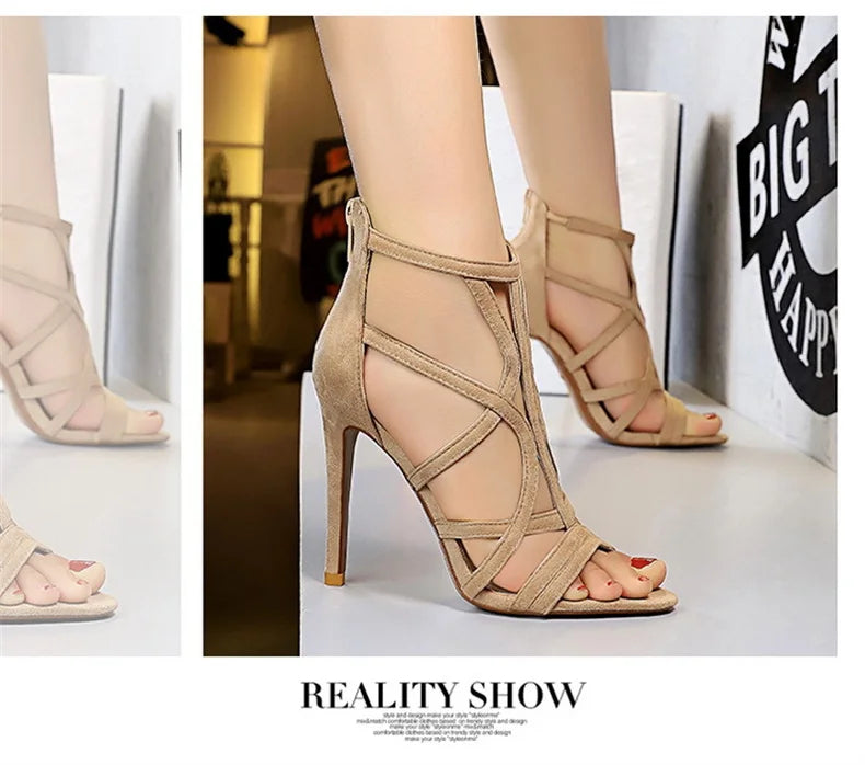 Women Roman Style Thin High Heels Pumps Pointed Toe Suede Hollow Strap Party Shoes Solid Ankle Zip Summer Sandals