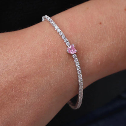2mm Round Moissanite Tennis Bracelets with 5mm Pink White Heart Cut Diamond Bracelet for Women Men 925 Sterling Silver Bangle