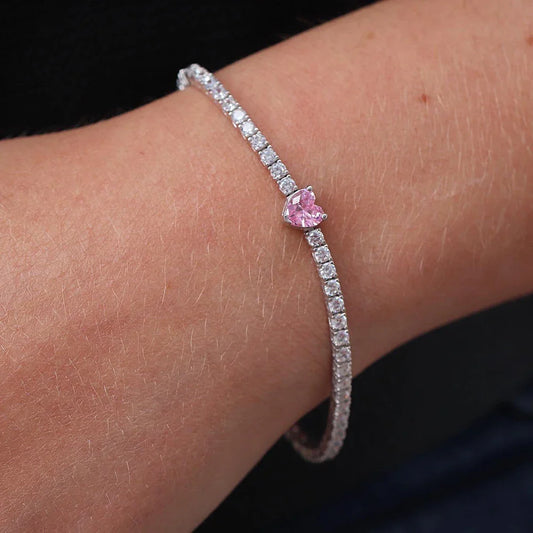 2mm Round Moissanite Tennis Bracelets with 5mm Pink White Heart Cut Diamond Bracelet for Women Men 925 Sterling Silver Bangle