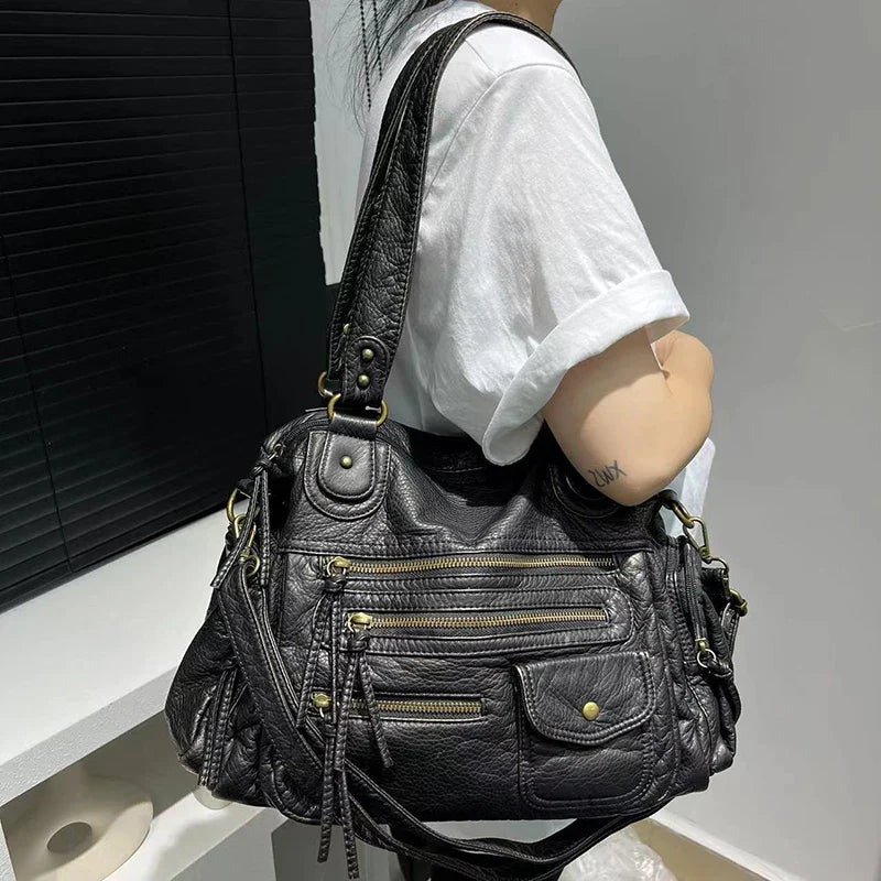Y2K Hot Women's Punk Biker Tote Bag Large Capacity PU Leather Crossbody Purse with Multi Pockets for Work Commute Moto Style