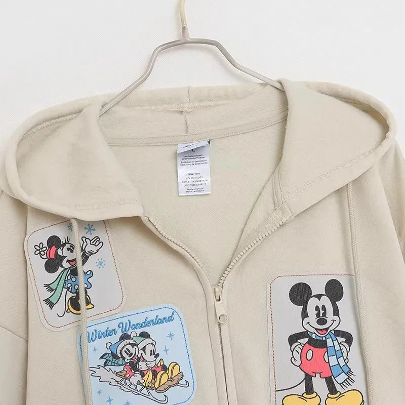 Mickey Mouse Family Patch Letter Cartoon Print Fleece Sweatshirt Jacket Unisex Women Hooded Zip Up Jumper Tops