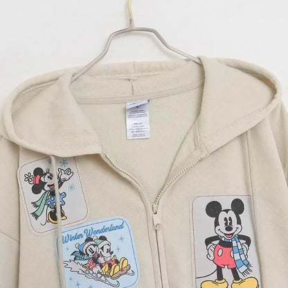Mickey Mouse Family Patch Letter Cartoon Print Fleece Sweatshirt Jacket Unisex Women Hooded Zip Up Jumper Tops