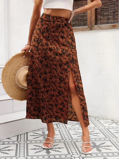 Vacation Style Caramel Color Splash-Printed Skirt for Women, Summer High-Waisted Slit Slimming Long Skirt, Petite A-Line Skirt for Beach Dates and Commuting