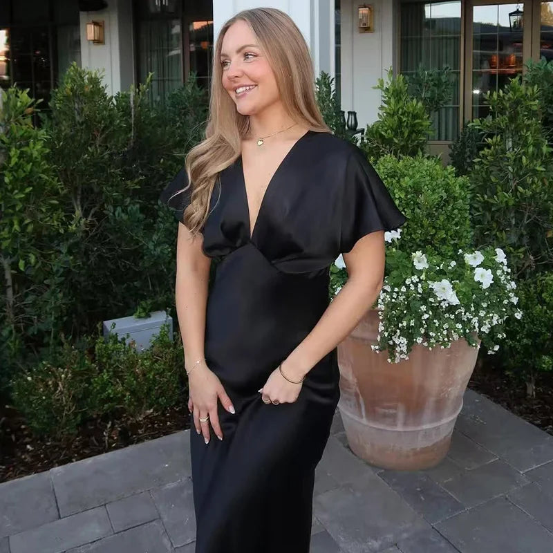 Midi Satin Dress Womens Dresses Black Khaki Blue Dress Summer 2025 Woman Ruffled V-Neck Bat Sleeve Vestido Party Dress 066