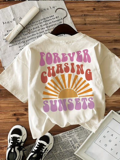 Forever Chasing Sunsets Printed T-Shirts Female Funny T Shirts Korean Fashion Graphic Casual Summer Tops Women Clothing
