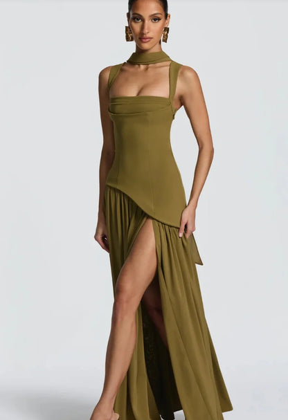 Summer Elegant Olive Green Maxi Dress for Women Flowy Long Dress with Scarf Birthday Party Beach Graduation dress