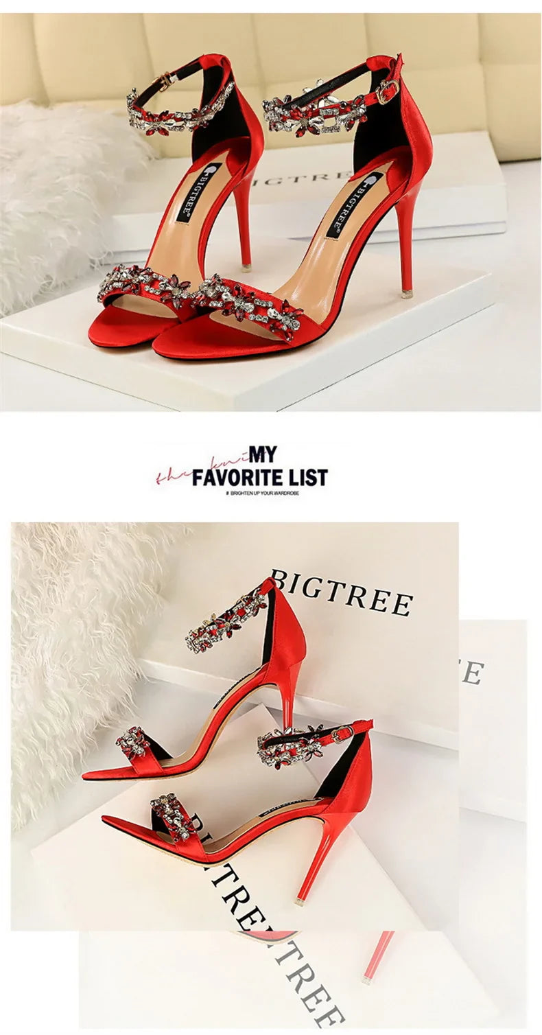 Open Toe Rhinestones Sandals Women 2024 New Designer Luxury High Heels Female Shoes Summer Heeled Satin One Word Belt 368-1