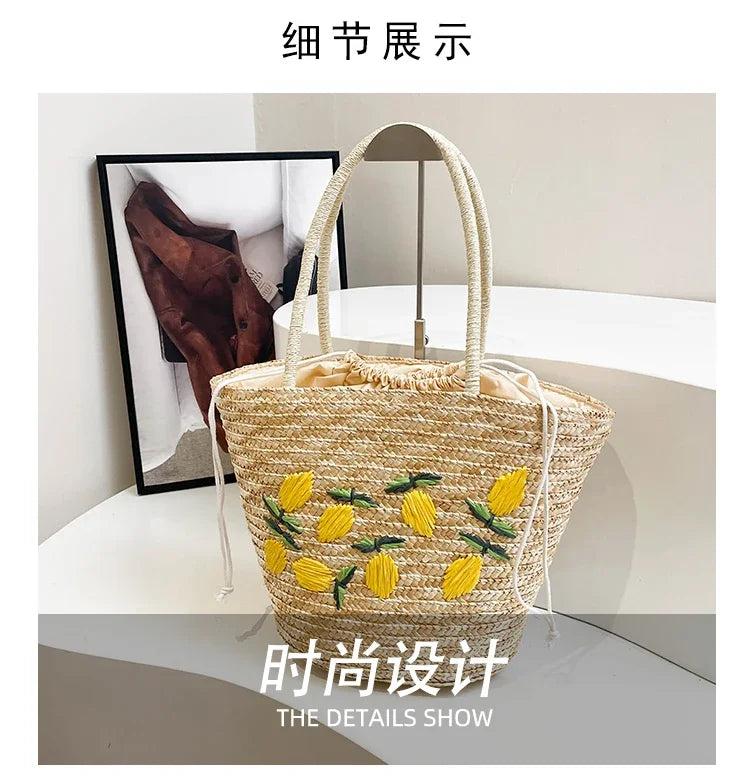 Embroidery Fruit Solid Color Shoulder Bag Straw Woven Hollow Versatile 2025 High Quality Bags for Women New Beach Handbags