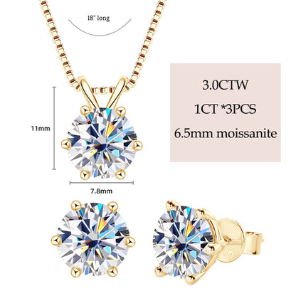 Real 925 Silver Moissanite Jewelry Set Gold Plated 0.5-2ct Stud Earrings Solitaire Pendant Necklace Set for Women Men Gift