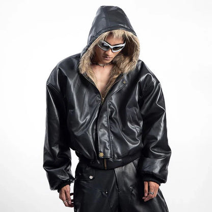 American Style Men's Padded Jackets PU Leather Reversible Faux Fur Fleece Thickened Solid Color Loose Male Coats Tide 9W161